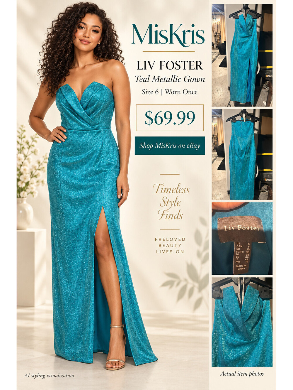 Liv Foster Dress Womens 6 Teal Metallic Cowl Neck Gown Long Formal Slit
